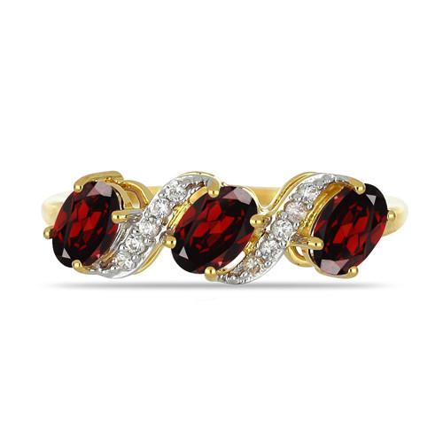 BUY 14K GOLD NATURAL GARNET GEMSTONE THREE STONES WITH WHITE DIAMOND RING